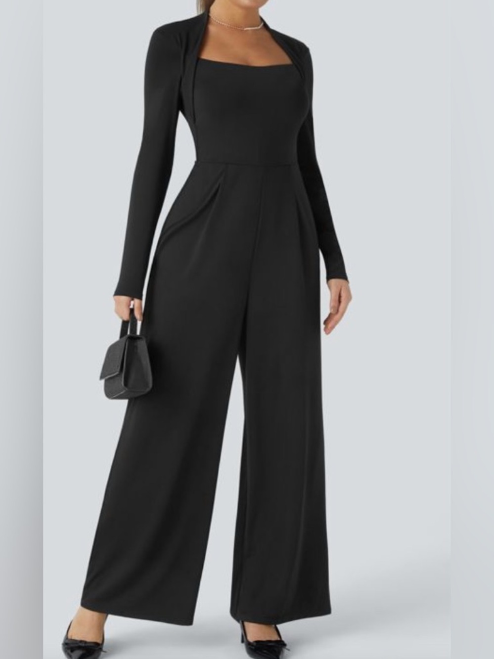 HALARA Black Long-Sleeve Wide-Leg Square-Neck Jumpsuit NEW NWT M Medium